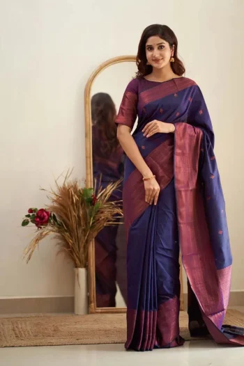 NEW ARRIVAL LICHI SILK RICH PALLU & JACQUARD WORK SAREE WITH UNSTITCHED BLOUSE NAVY BLUE