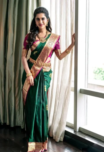 NEW ARRIVAL LICHI SILK RICH PALLU & JACQUARD WORK SAREE WITH UNSTITCHED BLOUSE GREEN