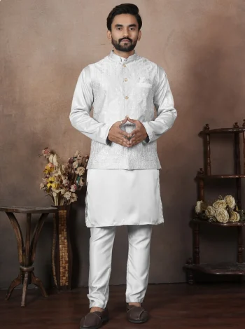 NEW ARRIVAL MALAI SATIN OLAIN KURTA PAYJAMA WITH HEAVY WORK KOTI WHITE
