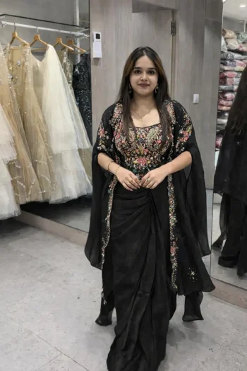 NEW ARRIVAL NATURAL CREPE EMBROIDERY WORK DRAPED SKIRT BLOUSE AND SHRUG BLACK