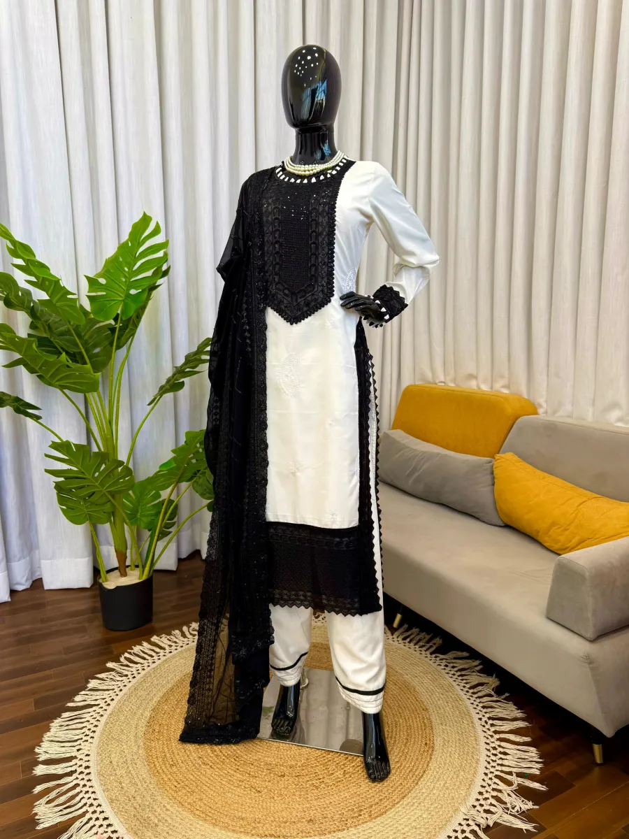NEW ARRIVAL NATURAL CREPE THREAD & SEQUENCE WORK TOP BOTTOM WITH DUPATTA FESTIVE WEAR WHOLESALE PRICE ETHNIC GARMENT (11)