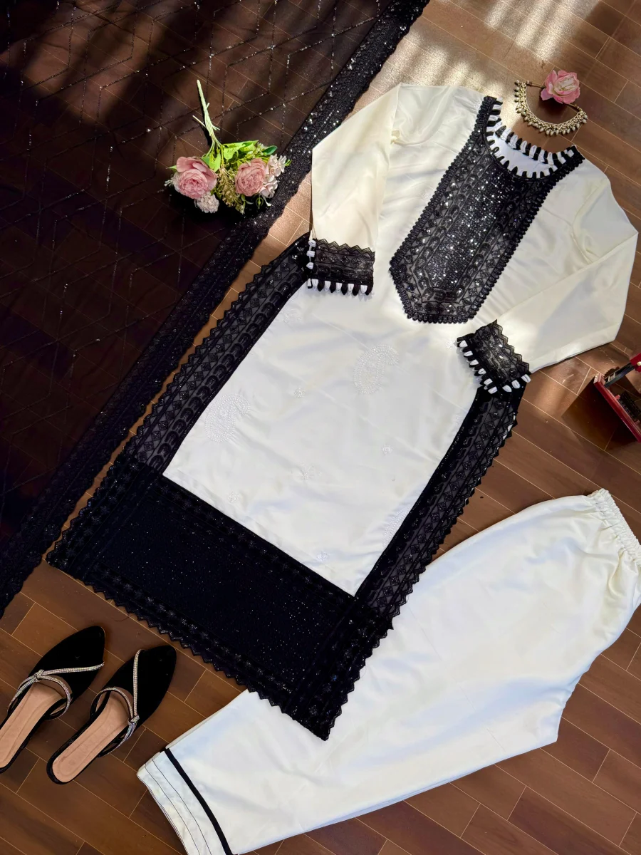 NEW ARRIVAL NATURAL CREPE THREAD & SEQUENCE WORK TOP BOTTOM WITH DUPATTA FESTIVE WEAR WHOLESALE PRICE ETHNIC GARMENT (14)