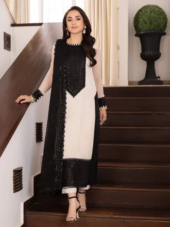 NEW ARRIVAL NATURAL CREPE THREAD & SEQUENCE WORK TOP BOTTOM WITH DUPATTA BLACK AND WHITE