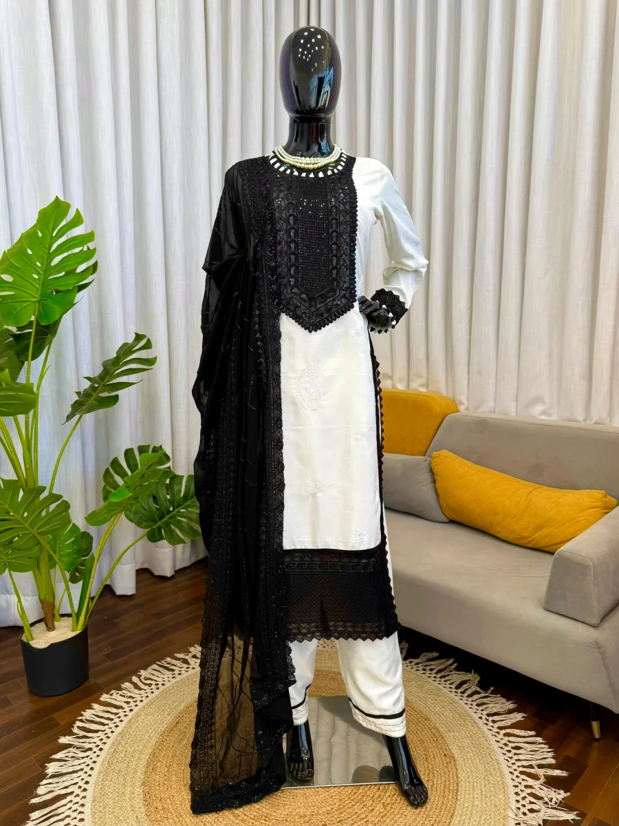NEW ARRIVAL NATURAL CREPE THREAD & SEQUENCE WORK TOP BOTTOM WITH DUPATTA FESTIVE WEAR WHOLESALE PRICE ETHNIC GARMENT (8)