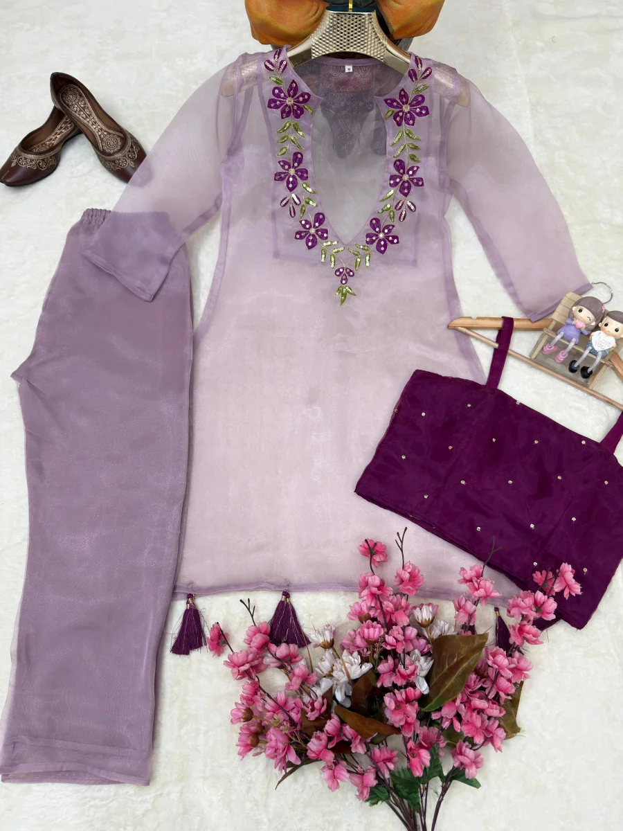 NEW ARRIVAL ORGANZA BEAUTIFUL THREAD & SEQUENCE EMBROIDERY WORK TOP BLOUSE WITH BOTTOM PARTY WEAR WHOLESALE PRICE ETHNIC GARMENT (1)