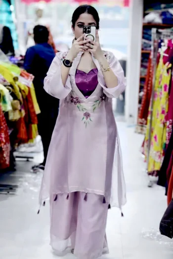 NEW ARRIVAL ORGANZA BEAUTIFUL THREAD & SEQUENCE EMBROIDERY WORK TOP BLOUSE WITH BOTTOM PURPLE