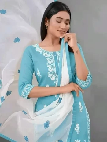 NEW ARRIVAL RAYON COTTON EMBROIDERY WORK TOP BOTTOM WITH DUPATTA SKY