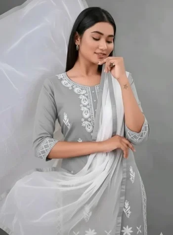 NEW ARRIVAL RAYON COTTON EMBROIDERY WORK TOP BOTTOM WITH DUPATTA GREY