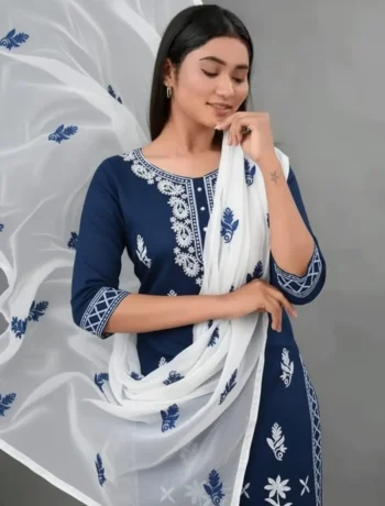 NEW ARRIVAL RAYON COTTON EMBROIDERY WORK TOP BOTTOM WITH DUPATTA BLUE
