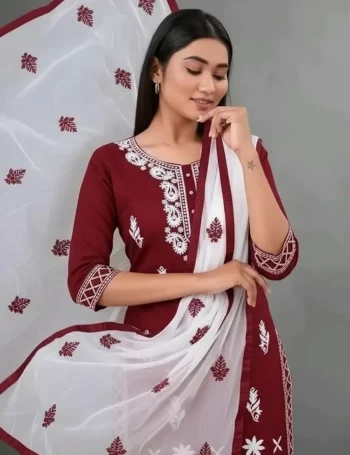 NEW ARRIVAL RAYON COTTON EMBROIDERY WORK TOP BOTTOM WITH DUPATTA MAROON