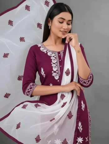 NEW ARRIVAL RAYON COTTON EMBROIDERY WORK TOP BOTTOM WITH DUPATTA WINE