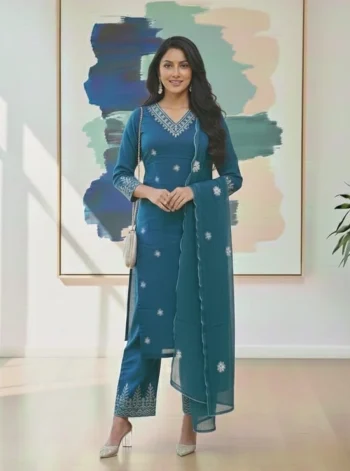 NEW ARRIVAL RAYON COTTON EMBROIDERY WORK TOP BOTTOM WITH DUPATTA TEAL