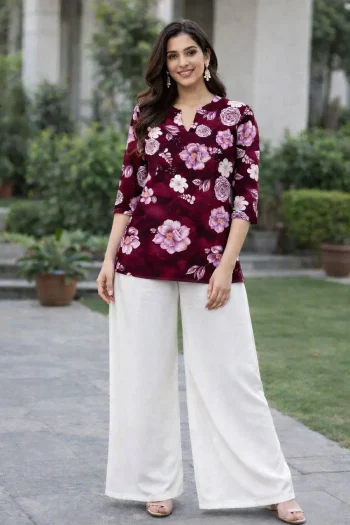 NEW ARRIVAL RAYON DIGITAL PRINT WORK TOP PALAZZO SET WINE