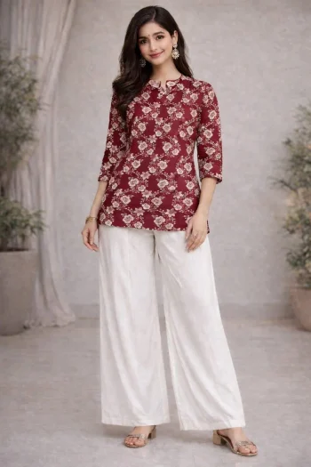 NEW ARRIVAL RAYON DIGITAL PRINT WORK TOP PALAZZO SET MAROON