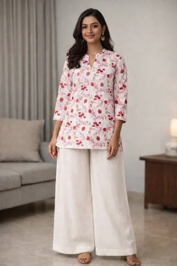 NEW ARRIVAL RAYON DIGITAL PRINT WORK TOP PALAZZO SET PINK AND WHITE