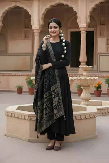 NEW ARRIVAL RAYON PLAIN GOWN BOTTOM WITH DIGITAL PRINTED DUPATTA BLACK