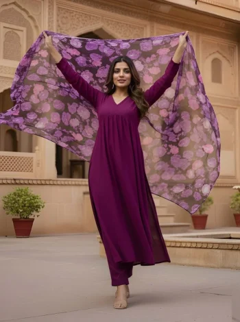 NEW ARRIVAL RAYON PLAIN TOP WITH DIGITAL PRINTED DUPATTA PURPLE