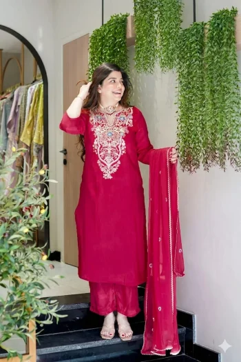 NEW ARRIVAL SHIMMER SILK EMBROIDERY WORK TOP BOTTOM WITH DUPATTA RANI