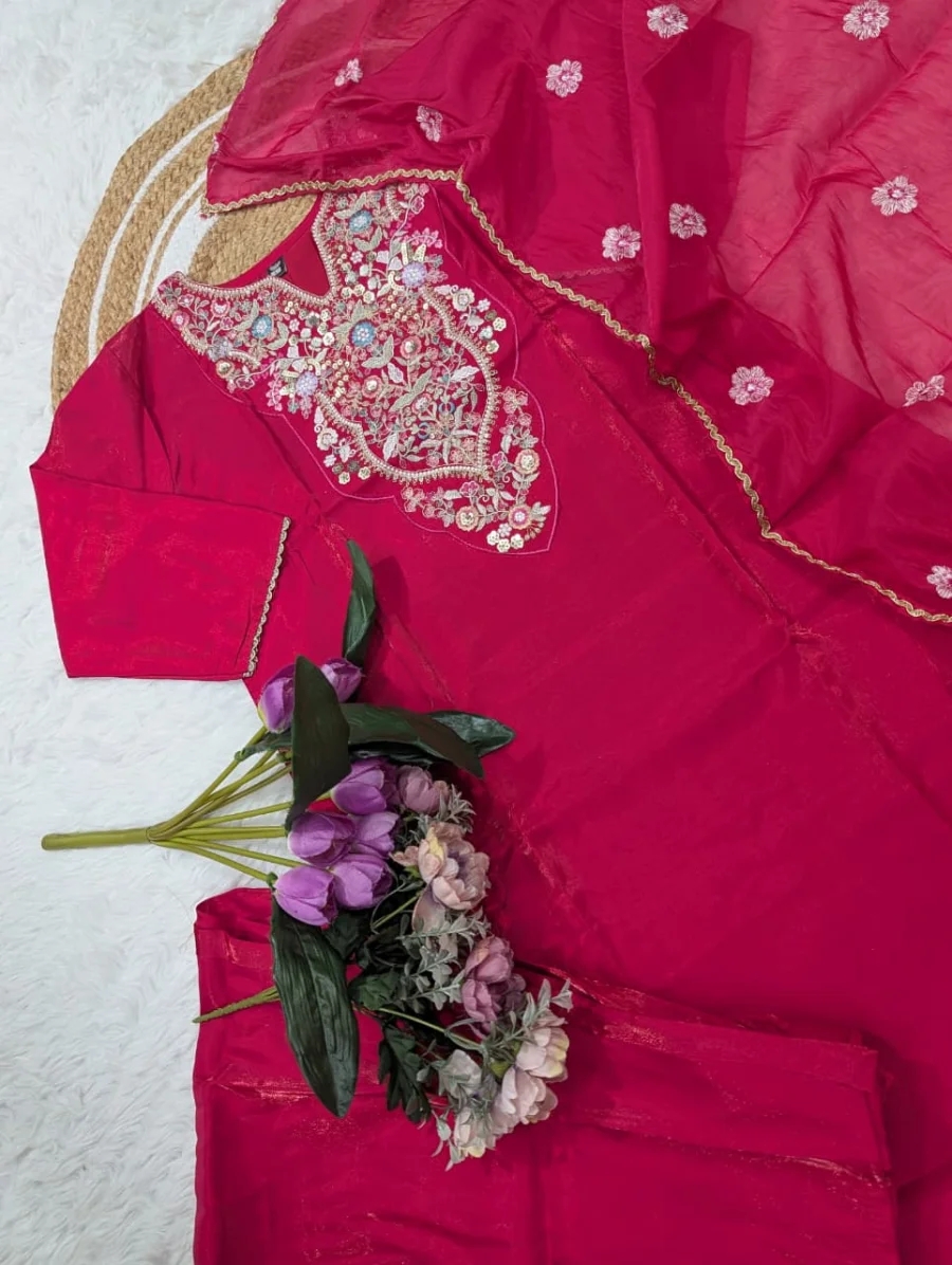 NEW ARRIVAL SHIMMER SILK EMBROIDERY WORK TOP BOTTOM WITH DUPATTA FESTIVE WEAR WHOLESALE PRICE ETHNIC GARMENT (7)