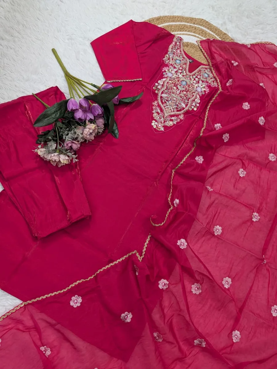 NEW ARRIVAL SHIMMER SILK EMBROIDERY WORK TOP BOTTOM WITH DUPATTA FESTIVE WEAR WHOLESALE PRICE ETHNIC GARMENT (8)