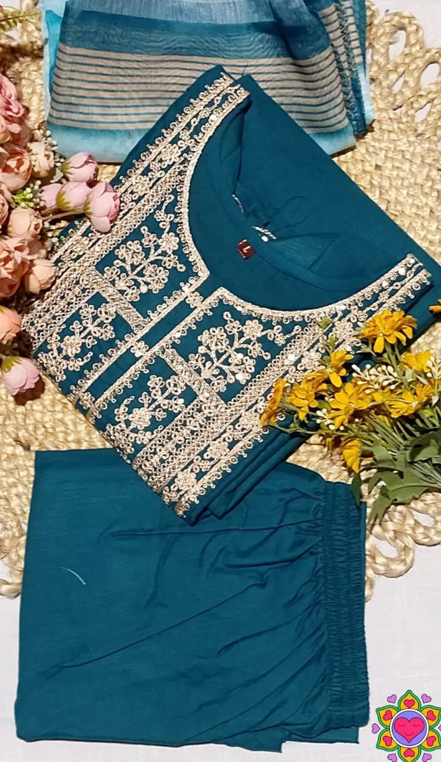 NEW ARRIVAL SLUB COTTON CUT PASTE EMBROIDERY WORK TOP BOTTOM WITH DUPATTA FESTIVE WEAR WHOLESALE PRICE ETHNIC GARMENT (37)