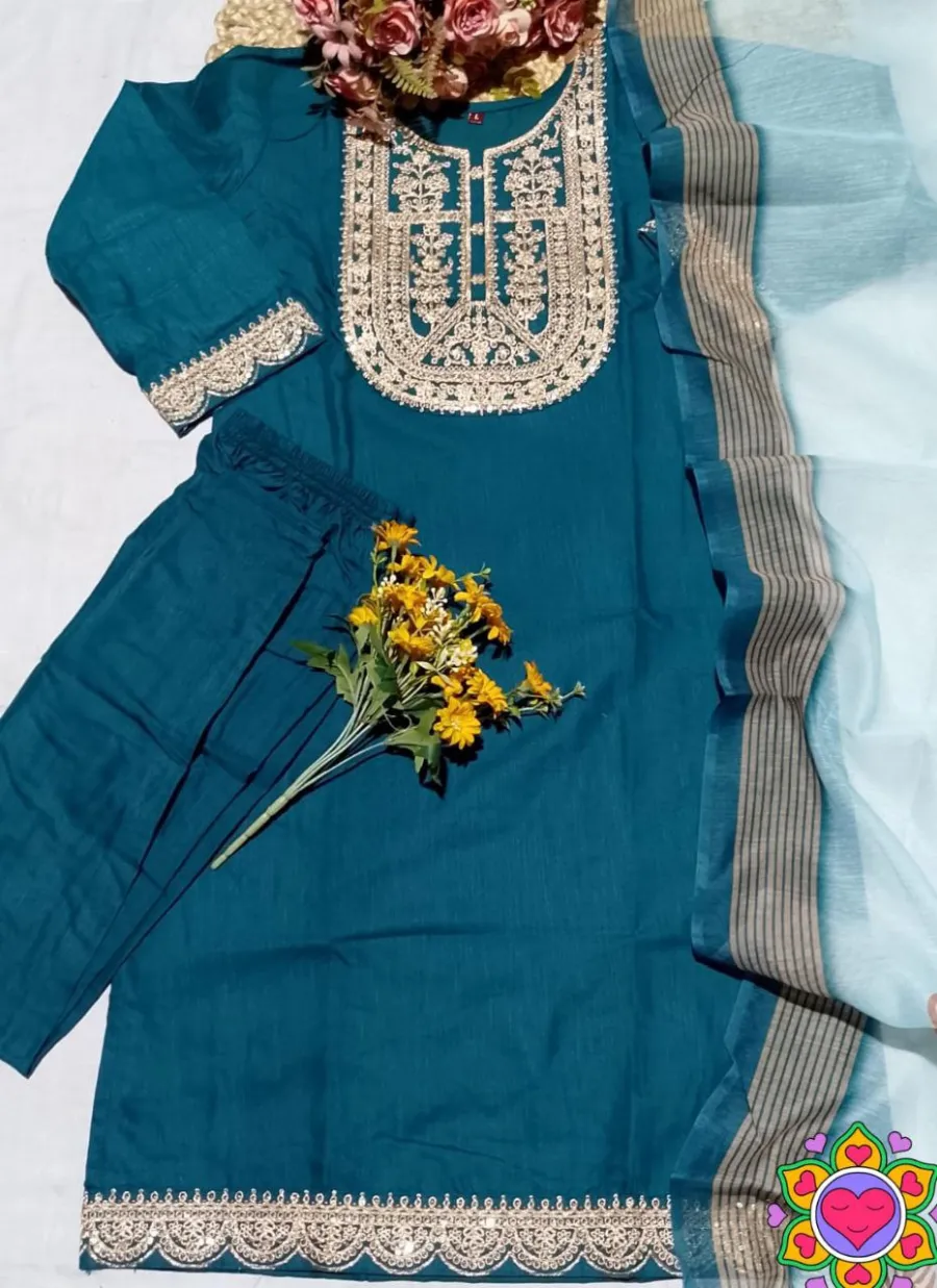 NEW ARRIVAL SLUB COTTON CUT PASTE EMBROIDERY WORK TOP BOTTOM WITH DUPATTA FESTIVE WEAR WHOLESALE PRICE ETHNIC GARMENT (38)