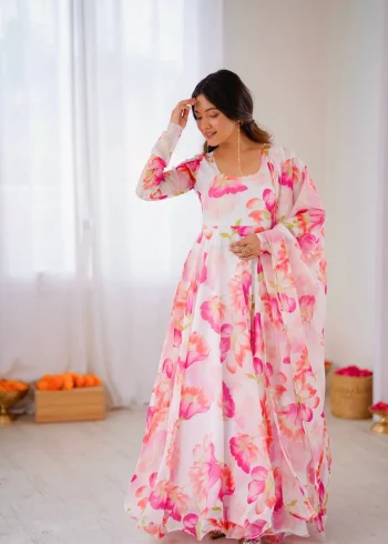 NEW ARRIVAL TABBY ORANGZA SILK DIGITAL PRINT AND HANDWORK GOWN BOTTOM WITH DUPATTA ORGANZA
