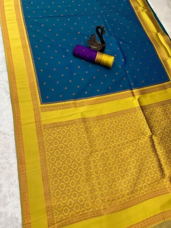 NEW ARRIVAL TWO TONE SILK ZARI MOTIFS WITH WOVEN CONTRAST ZARI PALLU AND BORDER WORK SAREE WITH UNSTITCHED BLOUSE TEAL AND YELLOW