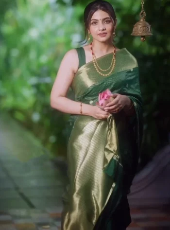 RICH LOOK BANARASI SILK WEAVING WORK SAREE WITH UNSTITCHED BLOUSE GREEN