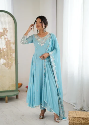 RICH LOOK BLOOMING FAUX EMBROIDERY RAINBOW SEQUENCE WITH MOTI WORK GOWN BOTTOM WITH DUPATTA SKY