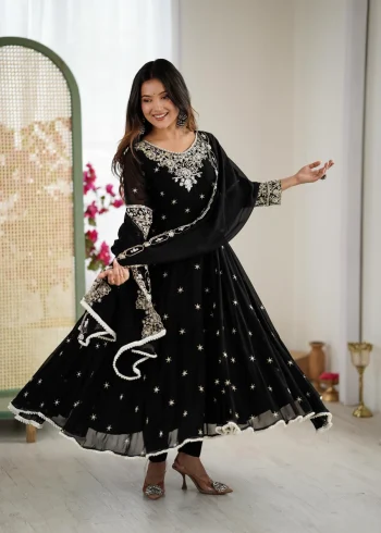 RICH LOOK BLOOMING FAUX EMBROIDERY RAINBOW SEQUENCE WITH MOTI WORK GOWN BOTTOM WITH DUPATTA BLACK