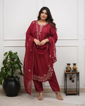 RICH LOOK CHANDERI SILK SEQUENCE EMBROIDERY WORK TOP BOTTOM WITH DUPATTA MAROON