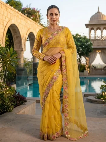 RICH LOOK CHIFFON EMBROIDERY CUTWORK SAREE WITH UNSTITCHED BLOUSE YELLOW