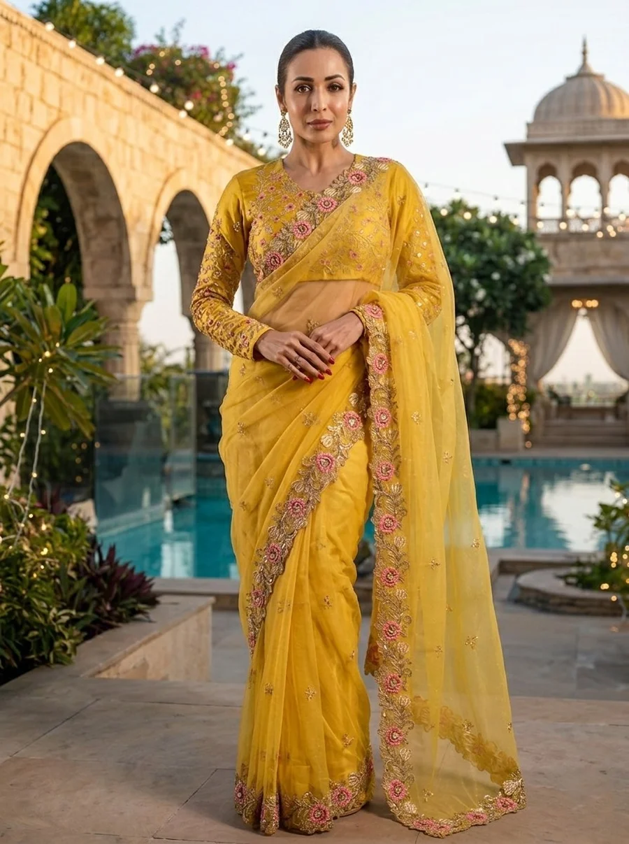 RICH LOOK CHIFFON EMBROIDERY CUTWORK SAREE WITH UNSTITCHED BLOUSE PARTY WEAR WHOLESALE PRICE ETHNIC GARMENT (1)