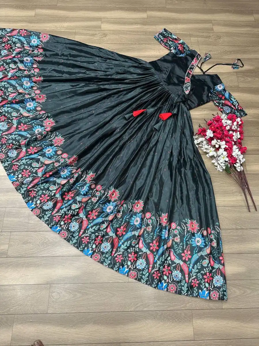 RICH LOOK CHINON KALAMKARI PRINT WORK GOWN FESTIVE WEAR WHOLESALE PRICE ETHNIC GARMENT (8)