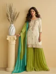 RICH LOOK CHINON SILK EMBROIDERY SEQUENCE + CODING WORK TOP PALAZZO WITH DUPATTA PARROT GREEN AND OFF WHITE