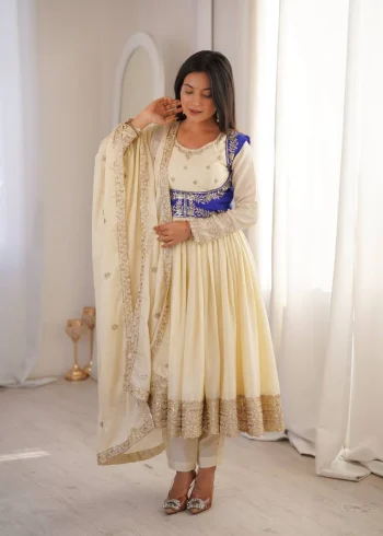 RICH LOOK CHINON SILK THREAD WITH SEQUENCE WORK GOWN BOTTOM KOTI WITH DUPATTA OFF WHITE AND BLUE