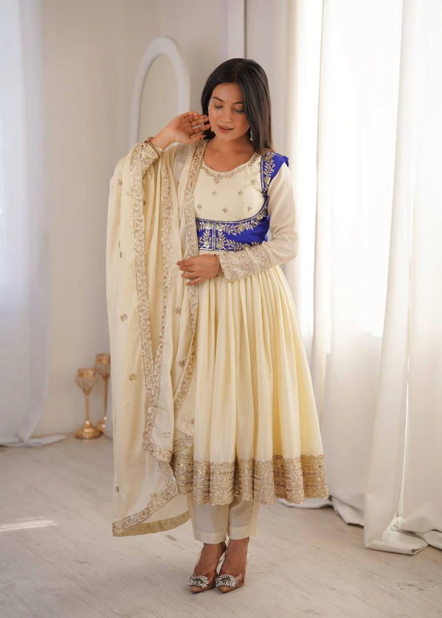 RICH LOOK CHINON SILK THREAD WITH SEQUENCE WORK GOWN BOTTOM KOTI WITH DUPATTA WEDDING WEAR WHOLESALE PRICE ETHNIC GARMENT (1)