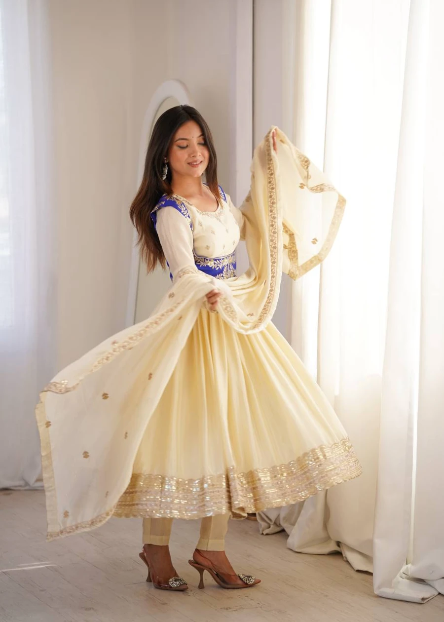 RICH LOOK CHINON SILK THREAD WITH SEQUENCE WORK GOWN BOTTOM KOTI WITH DUPATTA WEDDING WEAR WHOLESALE PRICE ETHNIC GARMENT (3)