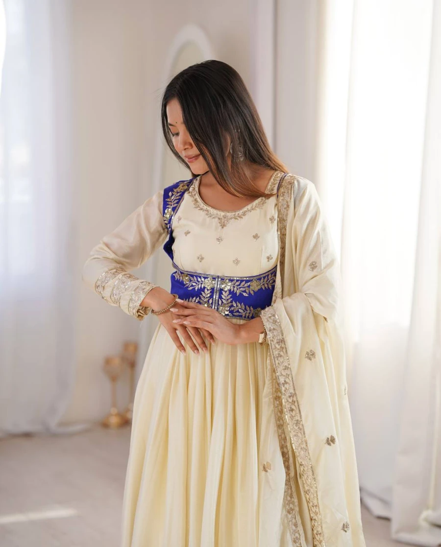 RICH LOOK CHINON SILK THREAD WITH SEQUENCE WORK GOWN BOTTOM KOTI WITH DUPATTA WEDDING WEAR WHOLESALE PRICE ETHNIC GARMENT (5)