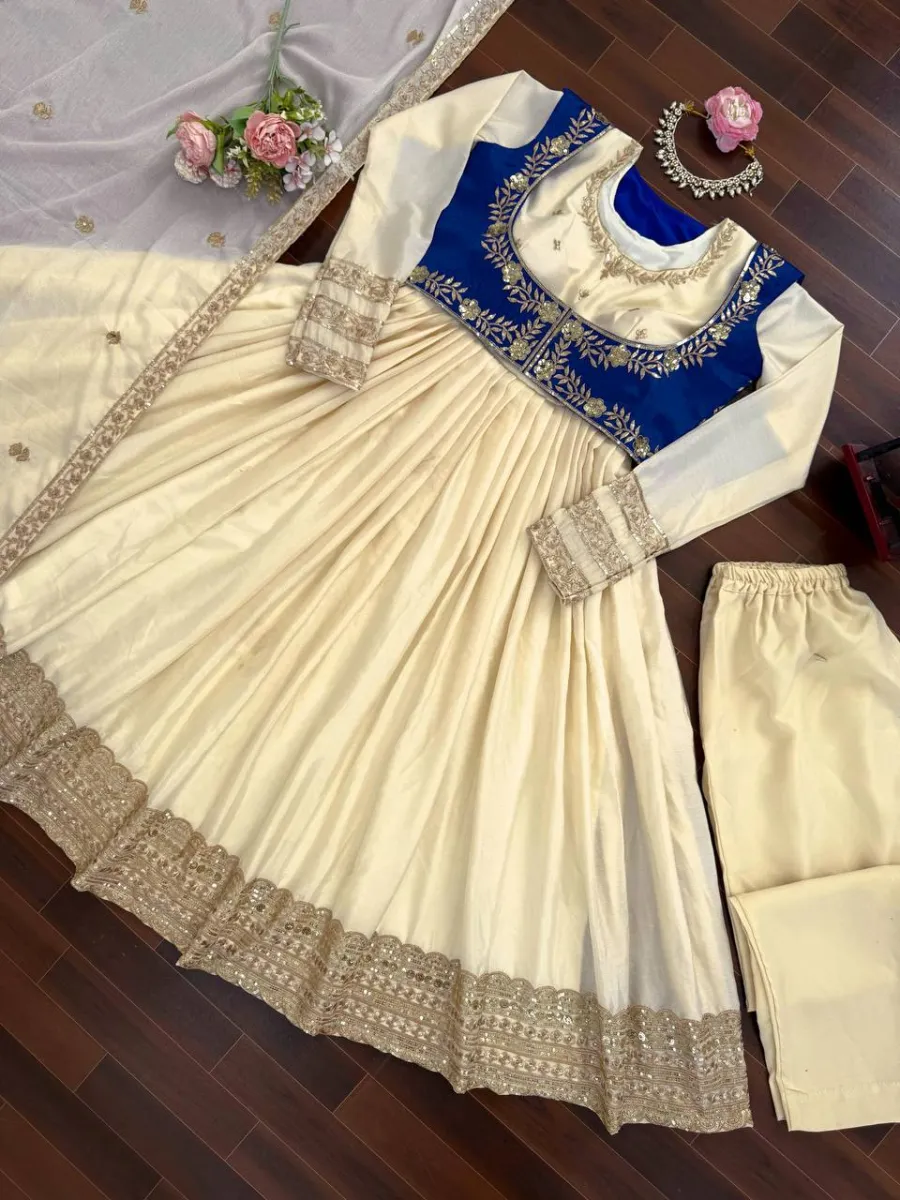 RICH LOOK CHINON SILK THREAD WITH SEQUENCE WORK GOWN BOTTOM KOTI WITH DUPATTA WEDDING WEAR WHOLESALE PRICE ETHNIC GARMENT (8)
