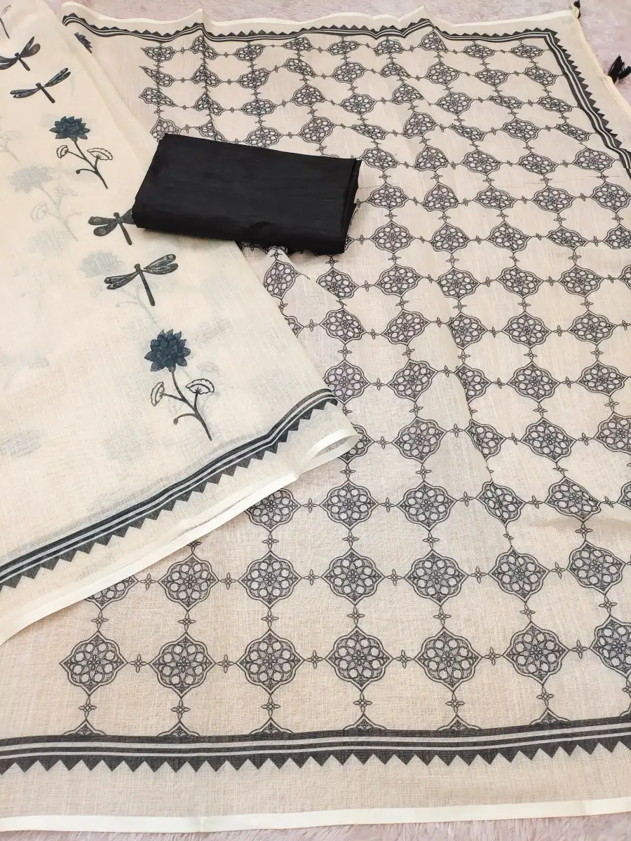 RICH LOOK COTTON LINEN FLORAL PRINTED WORK SAREE WITH UNSTITCHED BLOUSE FESTIVE WEAR WHOLESALE PRICE ETHNIC GARMENT (1)