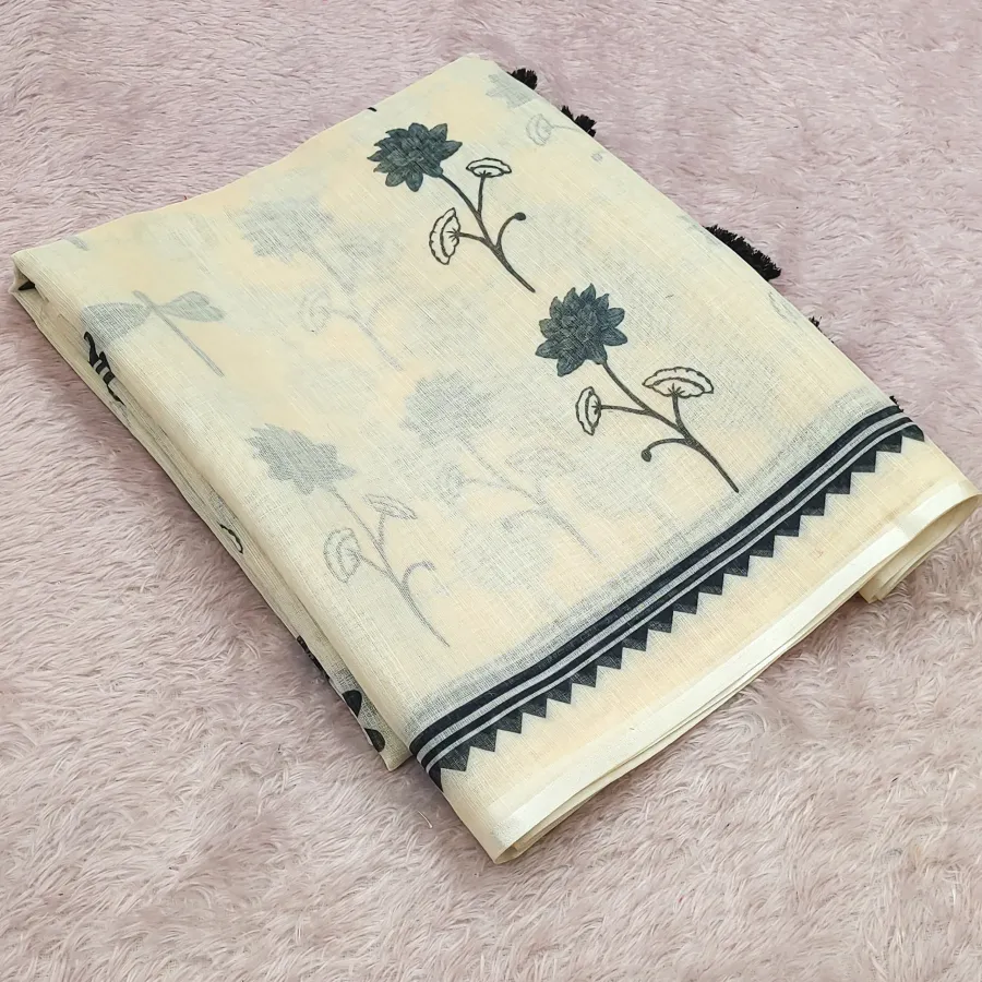 RICH LOOK COTTON LINEN FLORAL PRINTED WORK SAREE WITH UNSTITCHED BLOUSE FESTIVE WEAR WHOLESALE PRICE ETHNIC GARMENT (2)