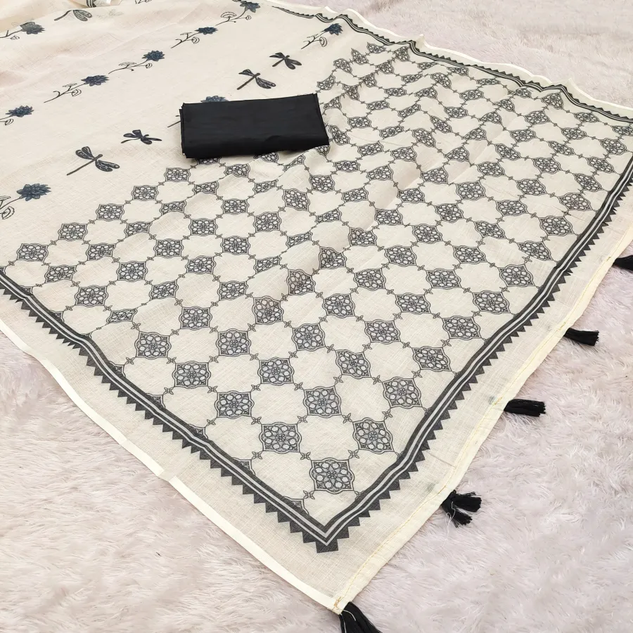 RICH LOOK COTTON LINEN FLORAL PRINTED WORK SAREE WITH UNSTITCHED BLOUSE FESTIVE WEAR WHOLESALE PRICE ETHNIC GARMENT (3)