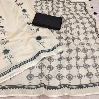 RICH LOOK COTTON LINEN FLORAL PRINTED WORK SAREE WITH UNSTITCHED BLOUSE CREAM