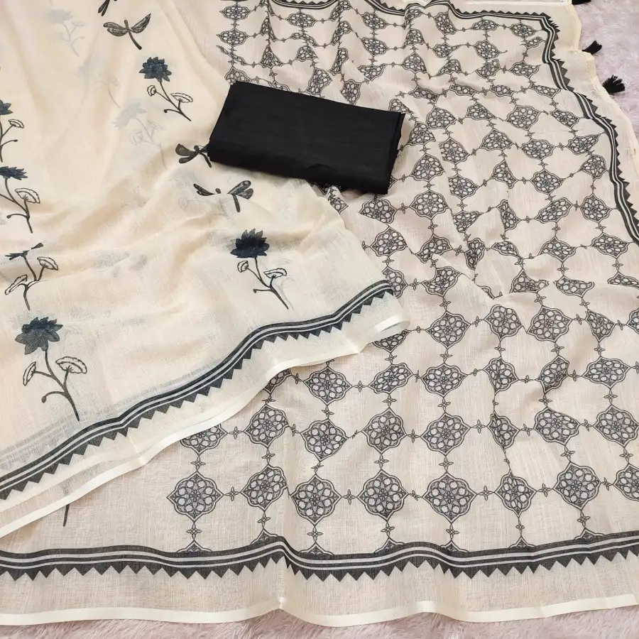 RICH LOOK COTTON LINEN FLORAL PRINTED WORK SAREE WITH UNSTITCHED BLOUSE FESTIVE WEAR WHOLESALE PRICE ETHNIC GARMENT (4)