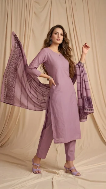 RICH LOOK COTTON PLAIN TOP BOTTOM WITH DIGITAL PRINTED DUPATTA PURPLE