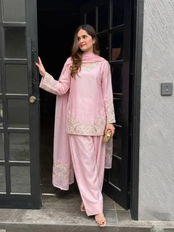 RICH LOOK CREPE SILK EMBROIDERY SEQUENCE WORK TOP PATIYALA WITH DUPATTA BABY PINK
