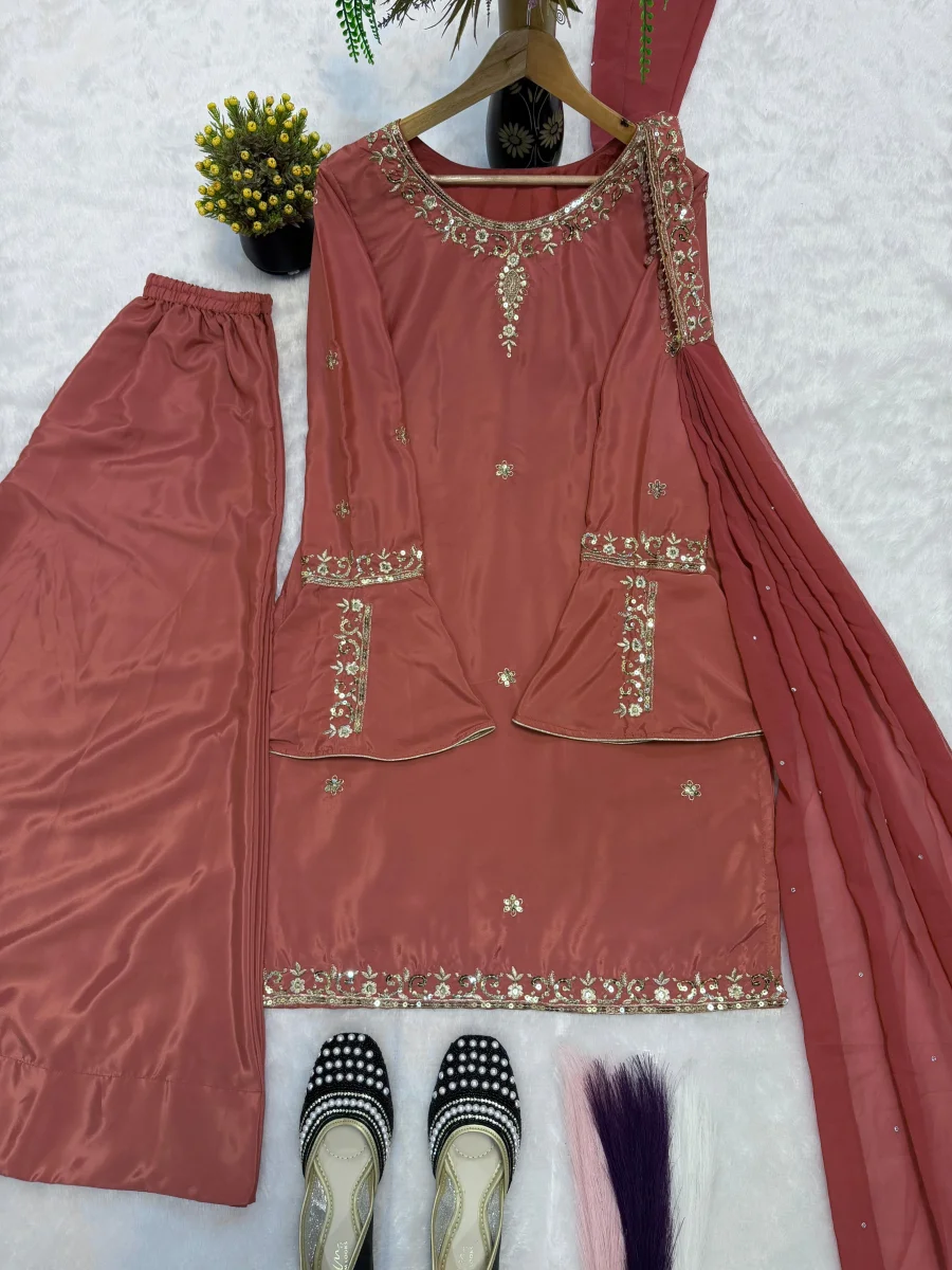 RICH LOOK CREPE SILK MULTI NEEDLE WORK EMBROIDERY SEQUENCE WORK TOP PALAZZO WITH DUPATTA FESTIVE WEAR WHOLESALE PRICE ETHNIC GARMENT (13)