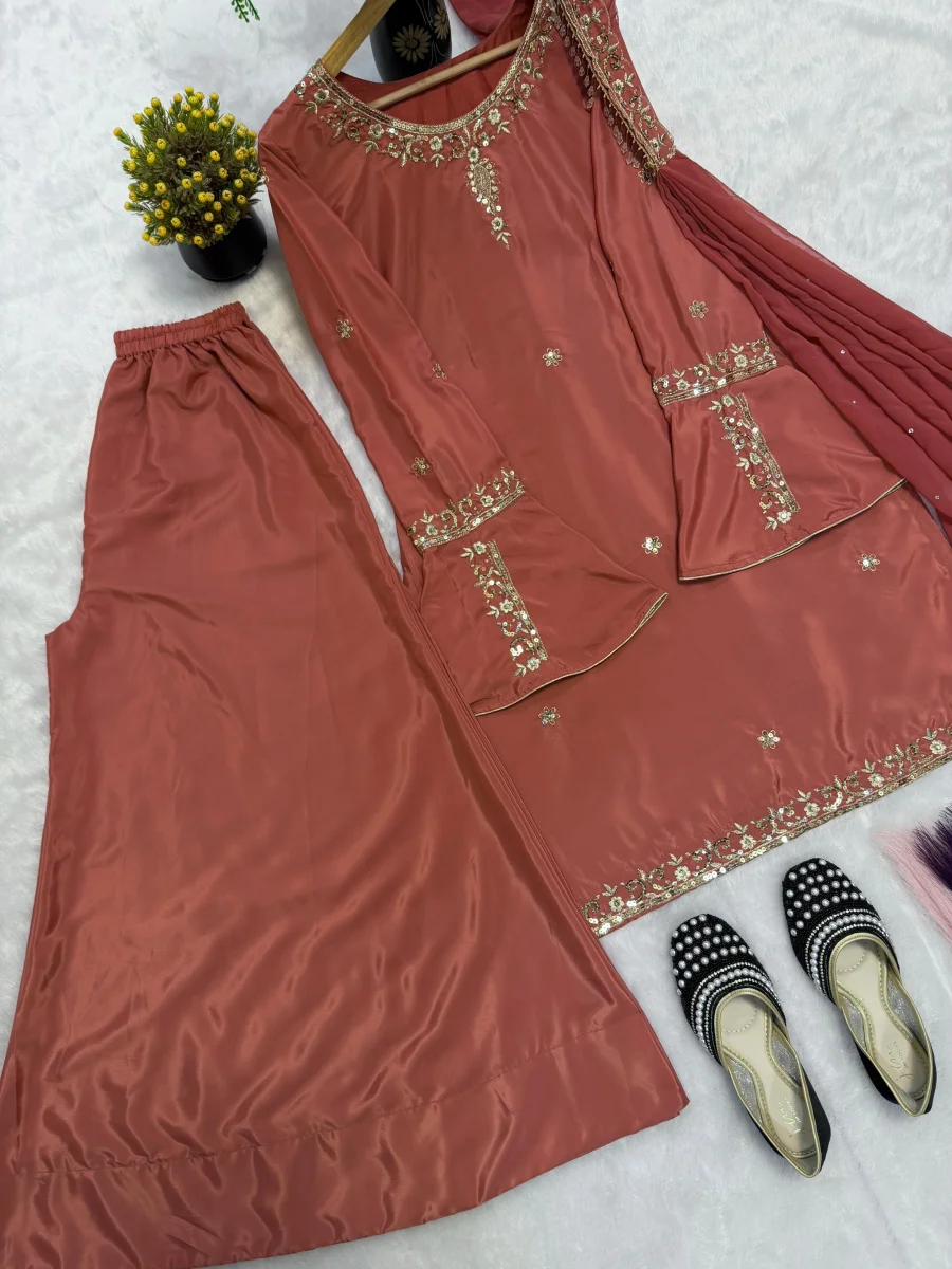 RICH LOOK CREPE SILK MULTI NEEDLE WORK EMBROIDERY SEQUENCE WORK TOP PALAZZO WITH DUPATTA FESTIVE WEAR WHOLESALE PRICE ETHNIC GARMENT (16)